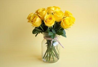 Bright yellow roses in a glass vase on yellow background