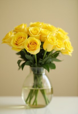 Bright yellow roses arranged in a clear vase