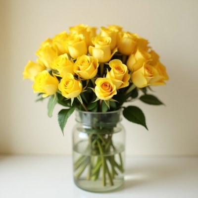 Beautiful bouquet of yellow roses in a glass vase
