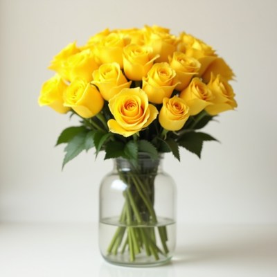 Beautiful bouquet of yellow roses in a glass vase