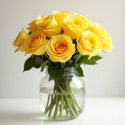 Bright yellow roses arranged in a clear vase