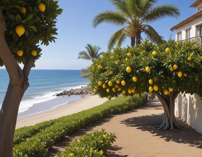 Lemon trees beside a tranquil beach with clear blue water