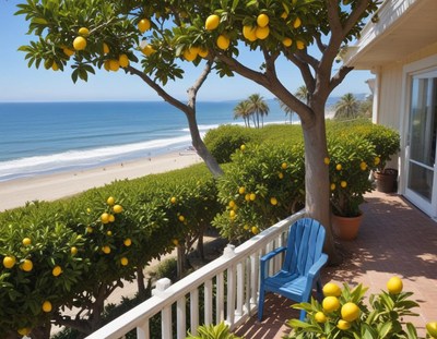 Sunny coastal view with lemon trees and beach access