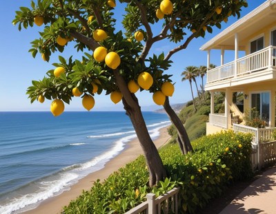 Beautiful coastal view with lemon tree near sandy beach