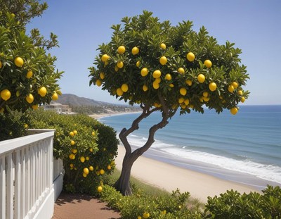 Lemon tree by the beach with clear blue sky