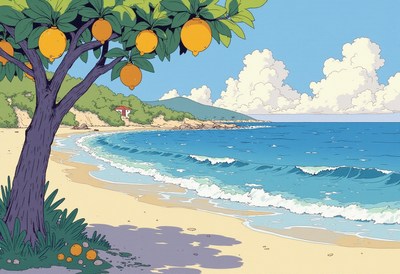 Beautiful beach landscape featuring a lemon tree by the sea