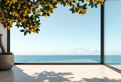 Bright view from a modern coastal interior with lemons