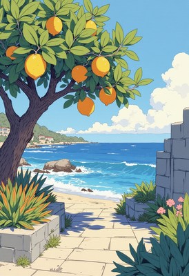 Vibrant seaside path with citrus tree and ocean view