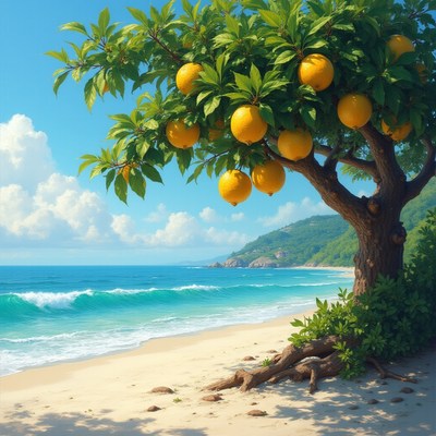 Lush lemon tree by the serene beach under clear skies