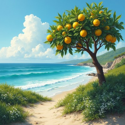 Orange tree by the beach with clear blue water