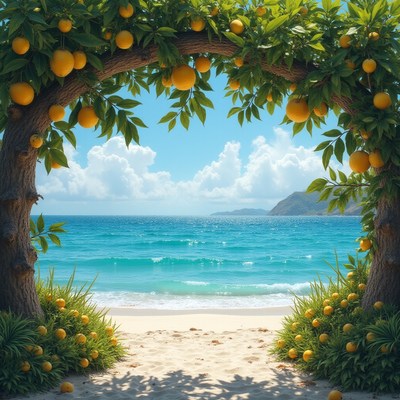 Bright tropical arch leads to serene beach view