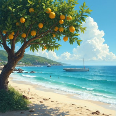 Beautiful beach with a tree and a boat in the background