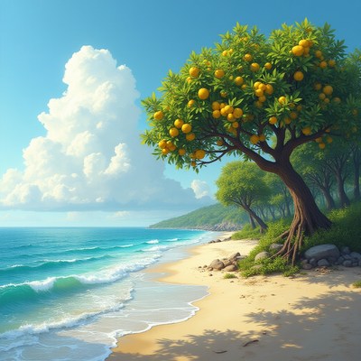 Sunny beach with orange tree and clear blue sky near ocean