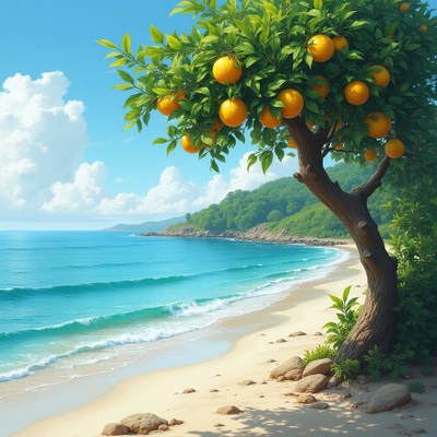Serene beach view with orange tree under blue sky