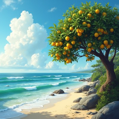 Coastal view with an orange tree and peaceful waves