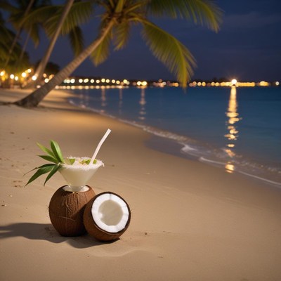 Relaxing coconut drink on a tropical beach at night