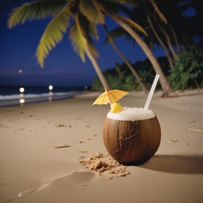 Relaxing coconut drink on a tropical beach at night