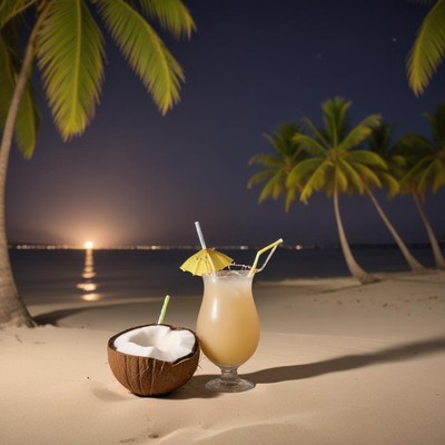 Enjoying tropical drinks on the beach at sunset