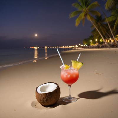 Refreshing tropical cocktail on the beach at night