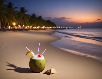 Coconut drink on beach at sunset with calm waves
