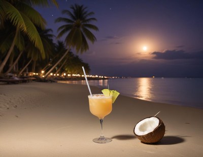 Cocktail served on the beach under a full moon at night