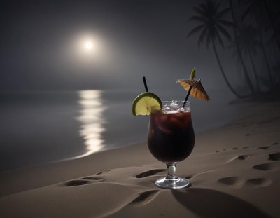 Tropical drink on the beach under a full moon