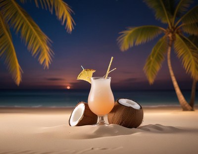 Refreshing tropical drink on sandy beach at sunset