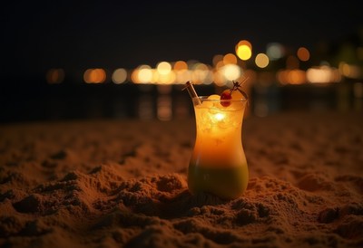 Night beach cocktail with glowing lights