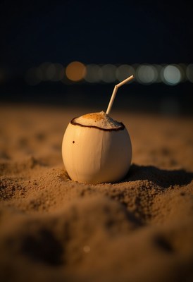 Coconut drink on the beach at night with city lights