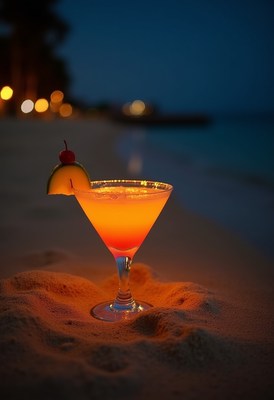 Tropical cocktail on the beach at sunset