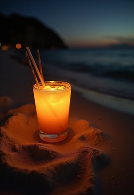 Enjoying a tropical drink by the beach at sunset