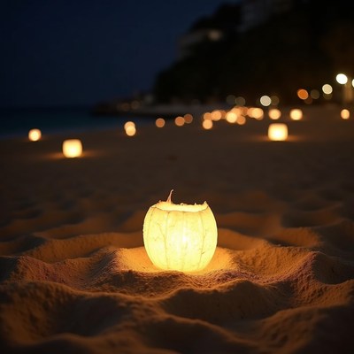 Candlelit beach at night creates a serene atmosphere