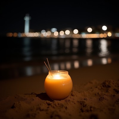 Candle lit on the sand at night by the seaside