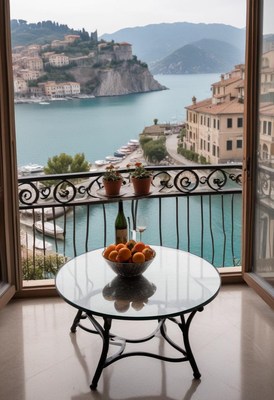 View of a tranquil lake and town from a hotel balcony