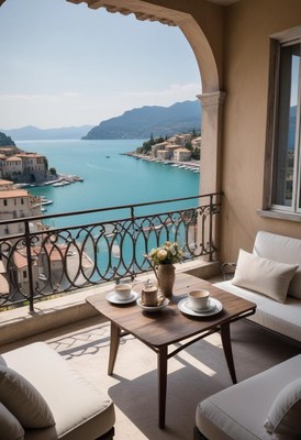 Cozy balcony overlooking serene coastal view in italy