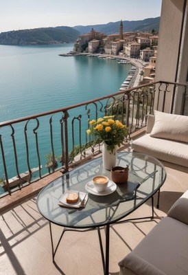 Enjoying coffee on a balcony with a coastal view