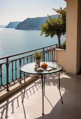 Serene seaside breakfast on a balcony with a view