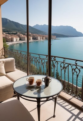 Morning coffee on a balcony with scenic coastal view