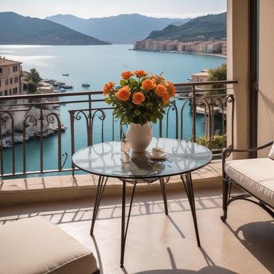 Beautiful coastal view from a sunny balcony with flowers