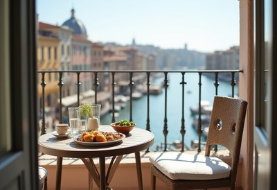 Breakfast on balcony overlooking coastal harbor view