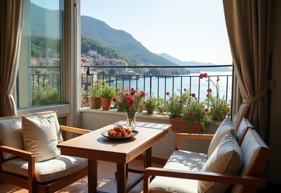 Cozy terrace with mountain view during sunny day