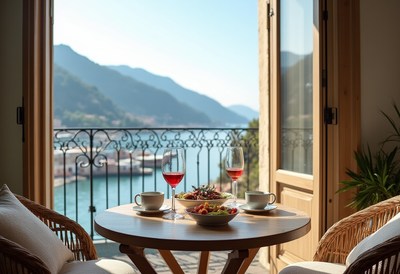 Enjoying a scenic breakfast at a coastal balcony