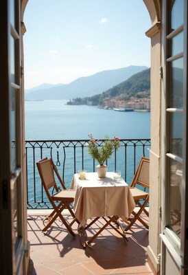 Cozy balcony with a view of the lake on a sunny day