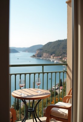 Beautiful coastal view with wine glasses on a balcony