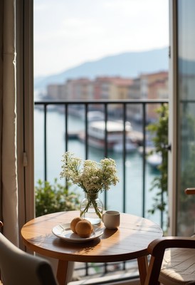 Morning view from a coastal apartment with breakfast