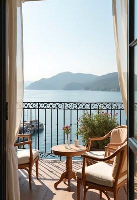 Cozy balcony with mountain view and tranquil waters