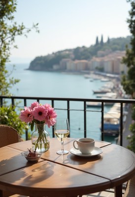 Cozy table setting with flowers and drinks by the waterfront