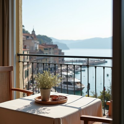 Relaxing terrace with view of harbor and mountains