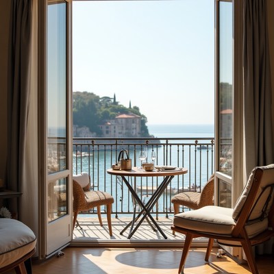 Cozy balcony with stunning ocean view in morning light