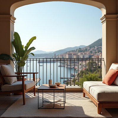 Sunny seaside balcony with stunning mountain view